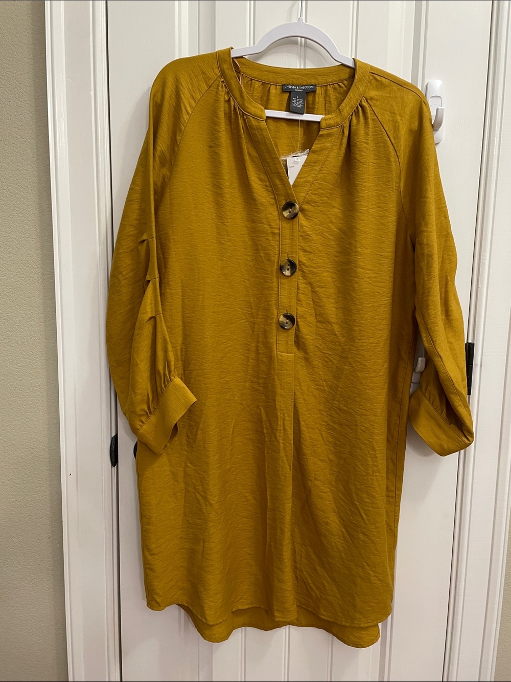 Chelsea & Theodore Mustard Yellow Button-Front Long Sleeve Tunic Dress